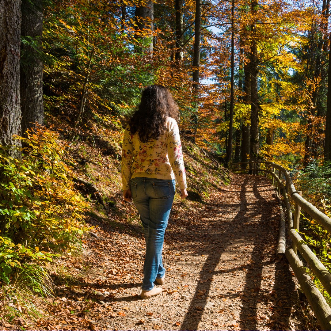 Woman walking in a woodland park during autumn