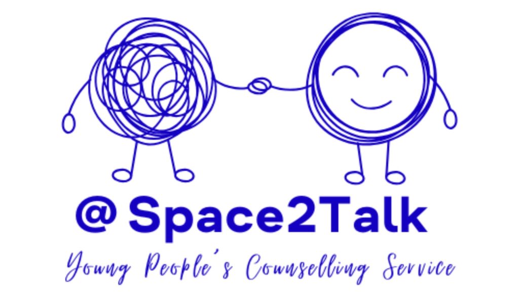 LOGO for @Space2Talk Young People's Counselling Service. This includes one person that looks like a tangled ball of string holding hands with a person who now looks like an untangled ball of string.