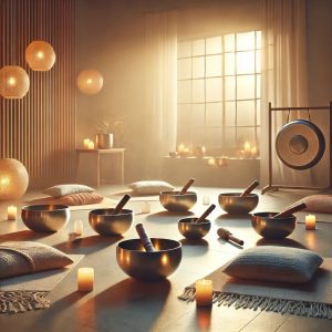 Image of Sound Bath Set Up including mood lighting, a gong, Tibetan bowls and Crystal singing bowls